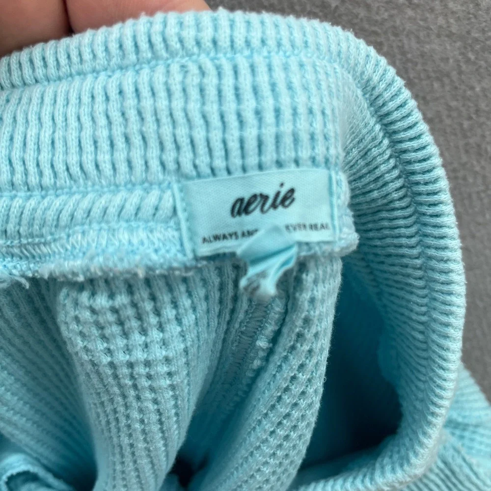 Aerie Waffle Knit Lounge Shorts Womens XS Blue Dolphin Hem Drawstring Thermal